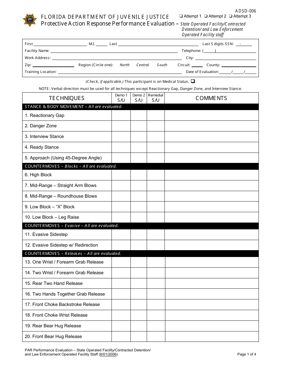 DJJ Form ADSD-006 Protective Action Response Performance Evaluation - State Operated Facility / Contracted Detention / and Law Enforcement Operated Facility Staff - Florida, Page 1