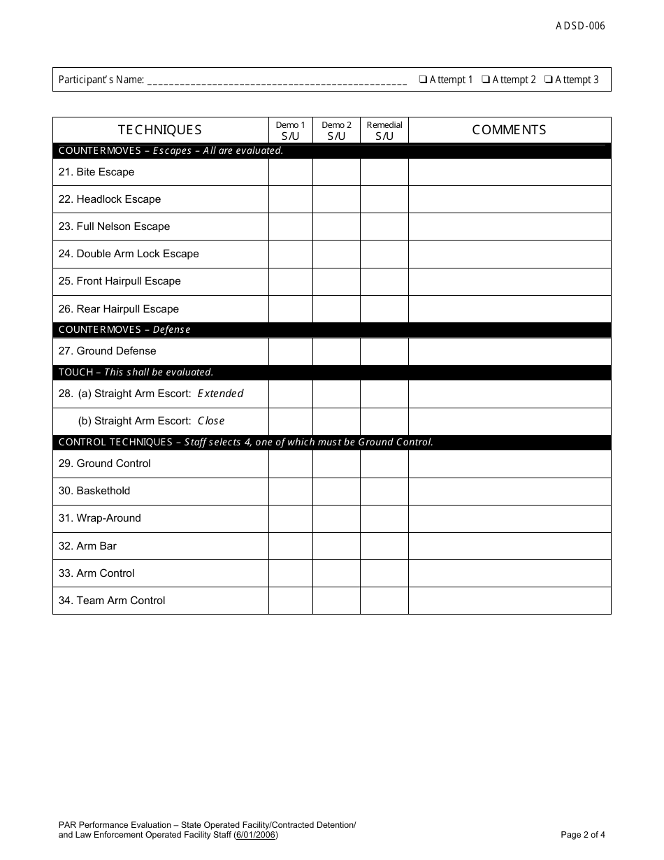 DJJ Form ADSD-006 Protective Action Response Performance Evaluation - State Operated Facility / Contracted Detention / and Law Enforcement Operated Facility Staff - Florida, Page 2