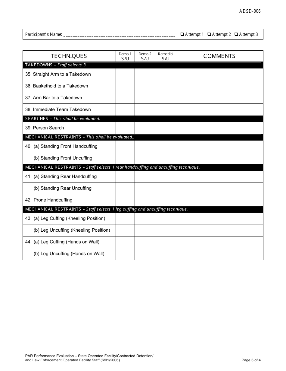 DJJ Form ADSD-006 Protective Action Response Performance Evaluation - State Operated Facility / Contracted Detention / and Law Enforcement Operated Facility Staff - Florida, Page 3