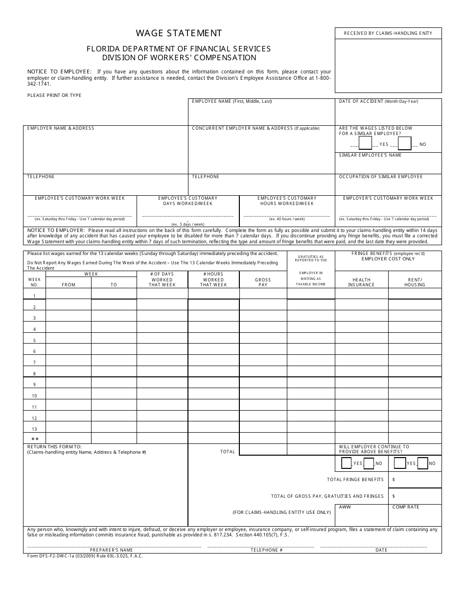 Form DFS-F2-DWC-1A Wage Statement - Florida, Page 1