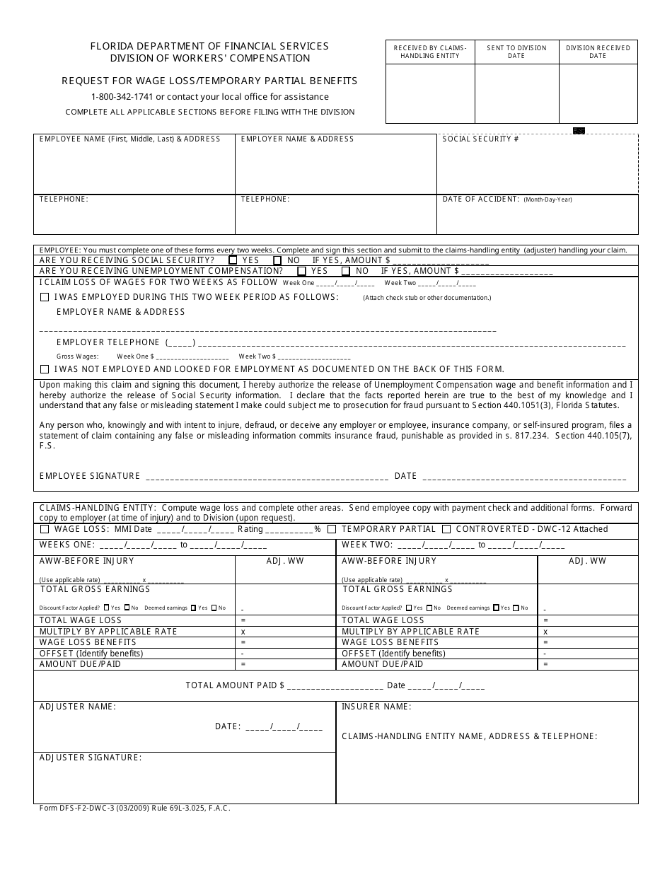 Form DFS-F2-DWC-3 Request for Wage Loss / Temporary Partial Benefits - Florida, Page 1