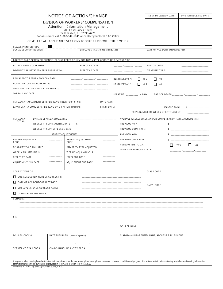 Form DFS-F2-DWC-4 Notice of Action / Change - Florida, Page 1