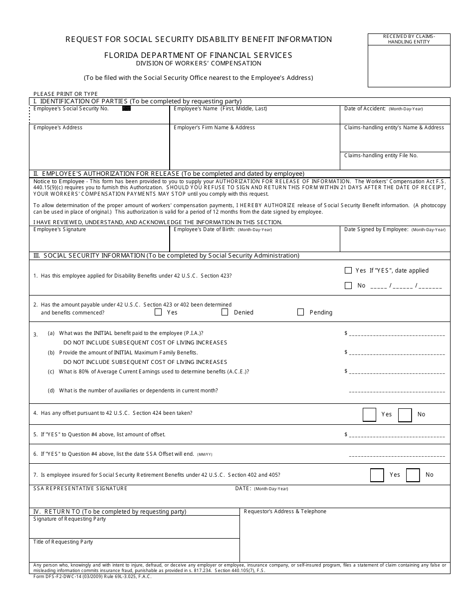 Form DFS-F2-DWC-14 Request for Social Security Disability Benefit Information - Florida, Page 1