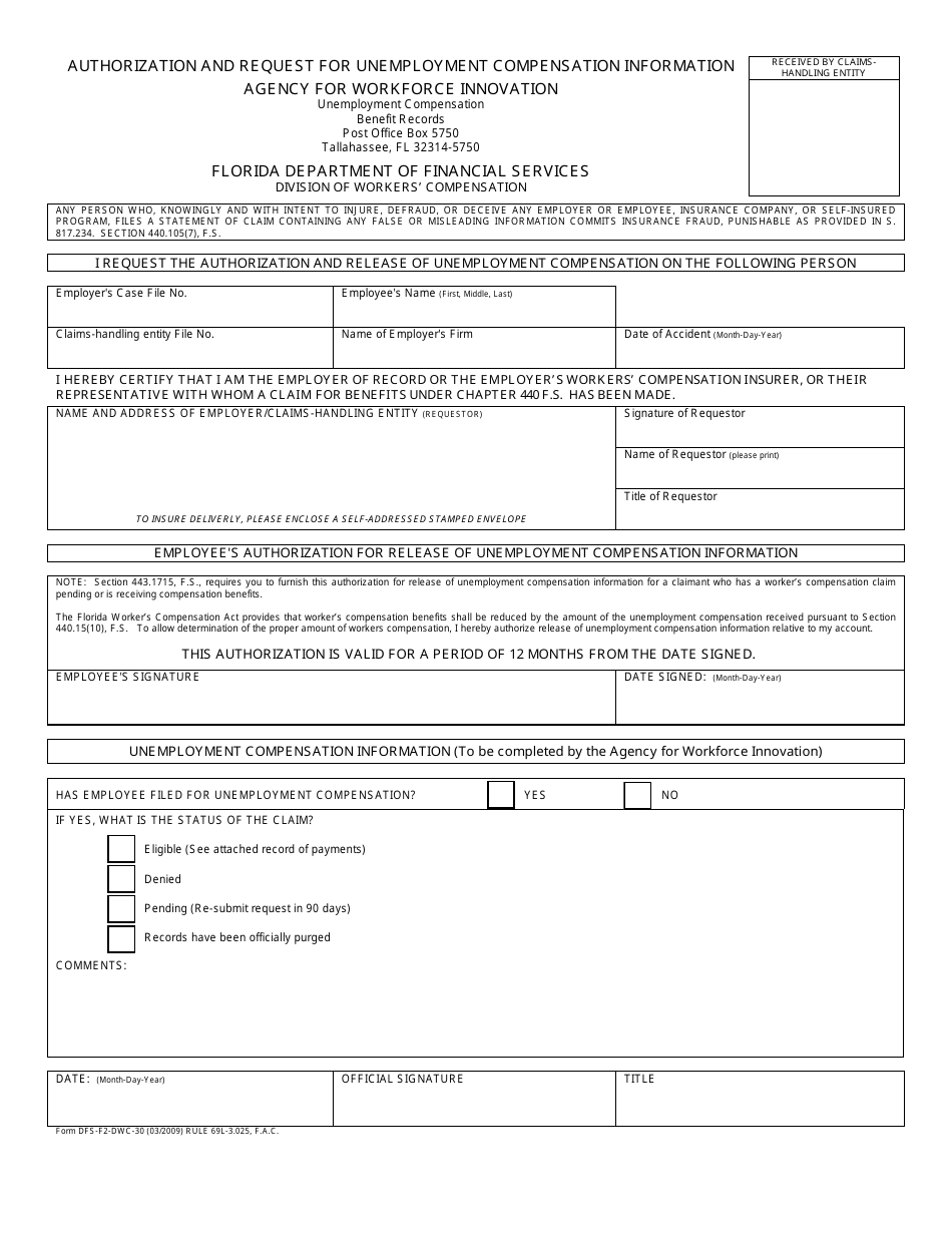 Form DFS-F2-DWC-30 Authorization and Request for Unemployment Compensation Information - Florida, Page 1