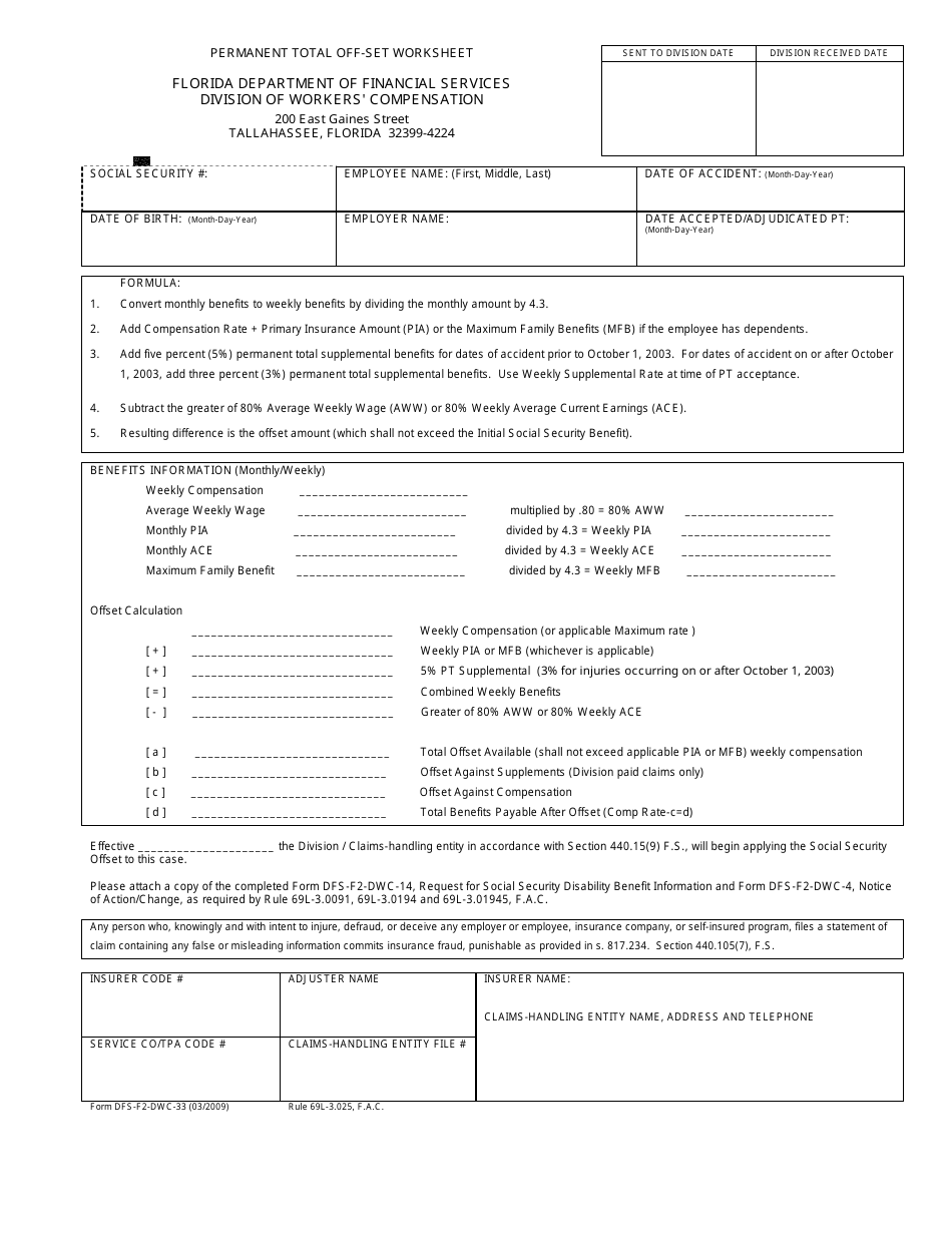 Form DFS-F2-DWC-33 Permanent Total off-Set Worksheet - Florida, Page 1