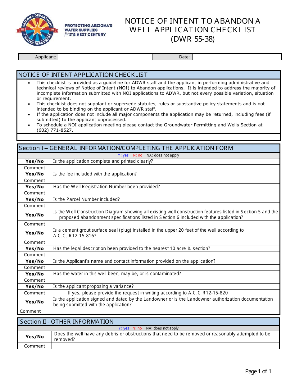 Form DWR55-38 Notice of Intent to Abandon a Well Application Checklist - Arizona, Page 1