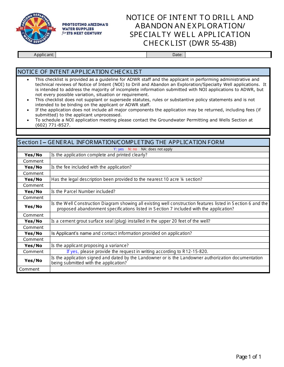 Form DWR55-43B Notice of Intent to Drill and Abandon an Exploration / Specialty Well Application Checklist - Arizona, Page 1