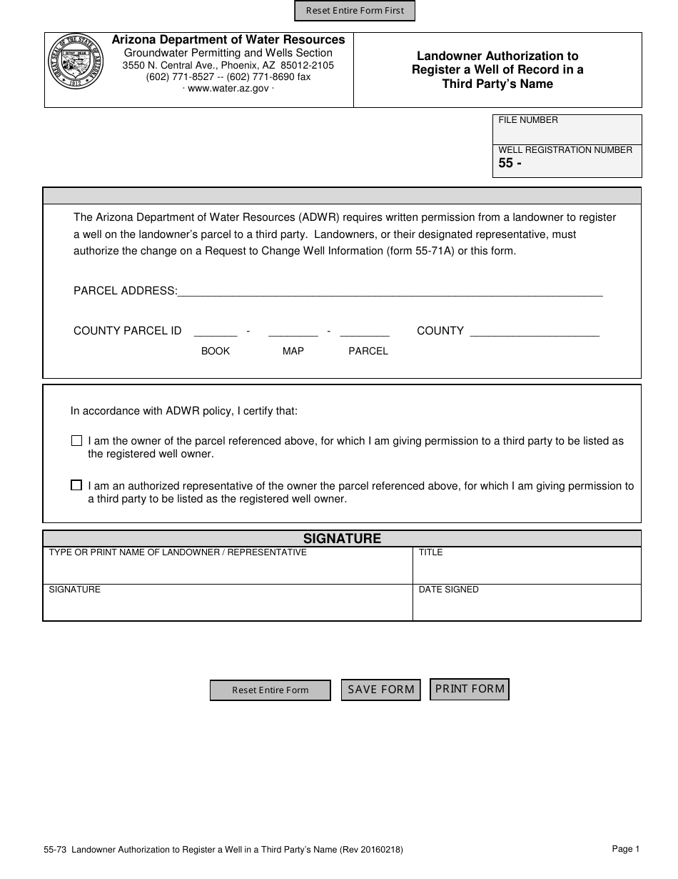 Form 55-73 Landowner Authorization to Register a Well of Record in a Third Partys Name - Arizona, Page 1