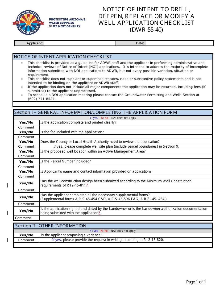 Form DWR55-40 Notice of Intent to Drill, Deepen, Replace or Modify a Well Application Checklist - Arizona, Page 1