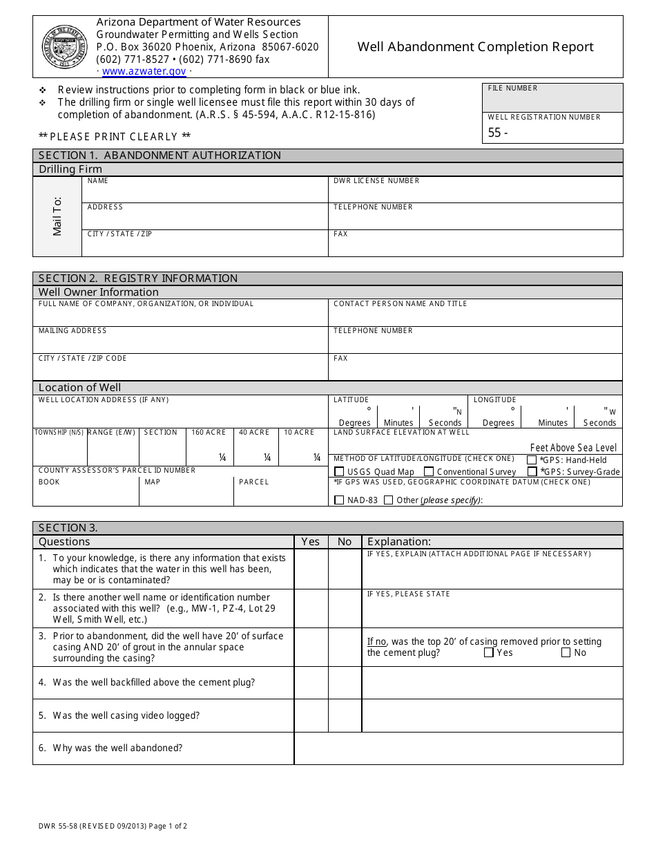 Form DWR55-58 Well Abandonment Completion Report - Arizona, Page 1