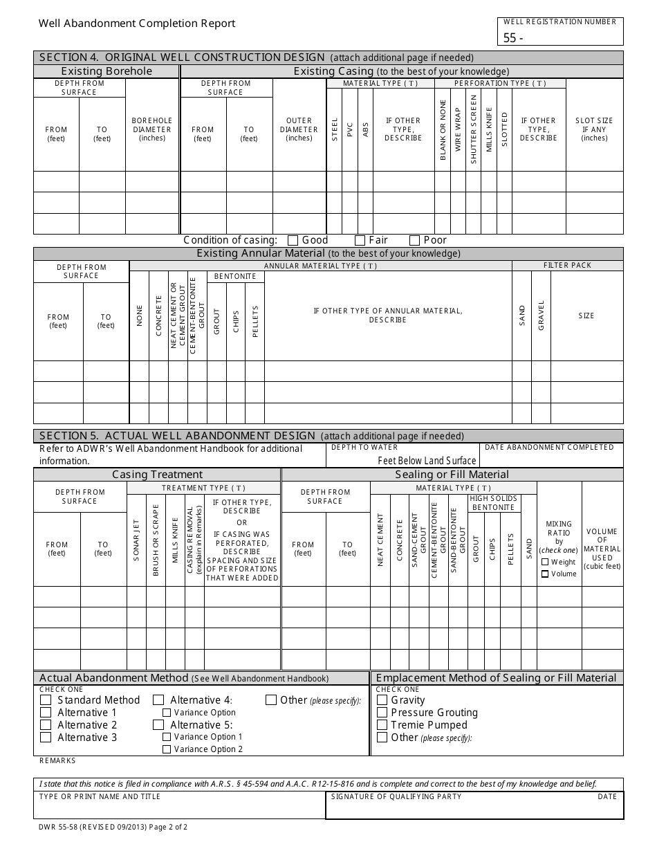 Form DWR55-58 Well Abandonment Completion Report - Arizona, Page 2