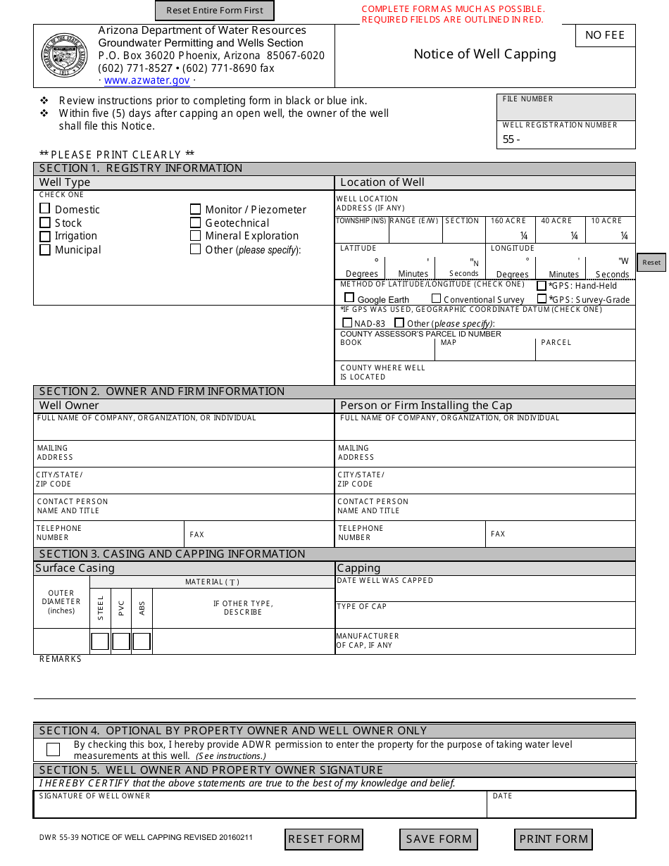 Form DWR55-39 Notice of Well Capping - Arizona, Page 1
