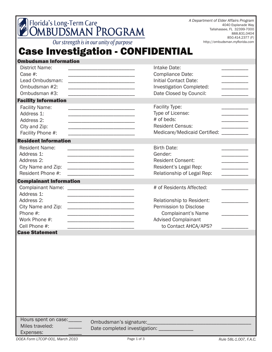 Form LTCOP-001 Case Investigation - Confidential - Florida, Page 1