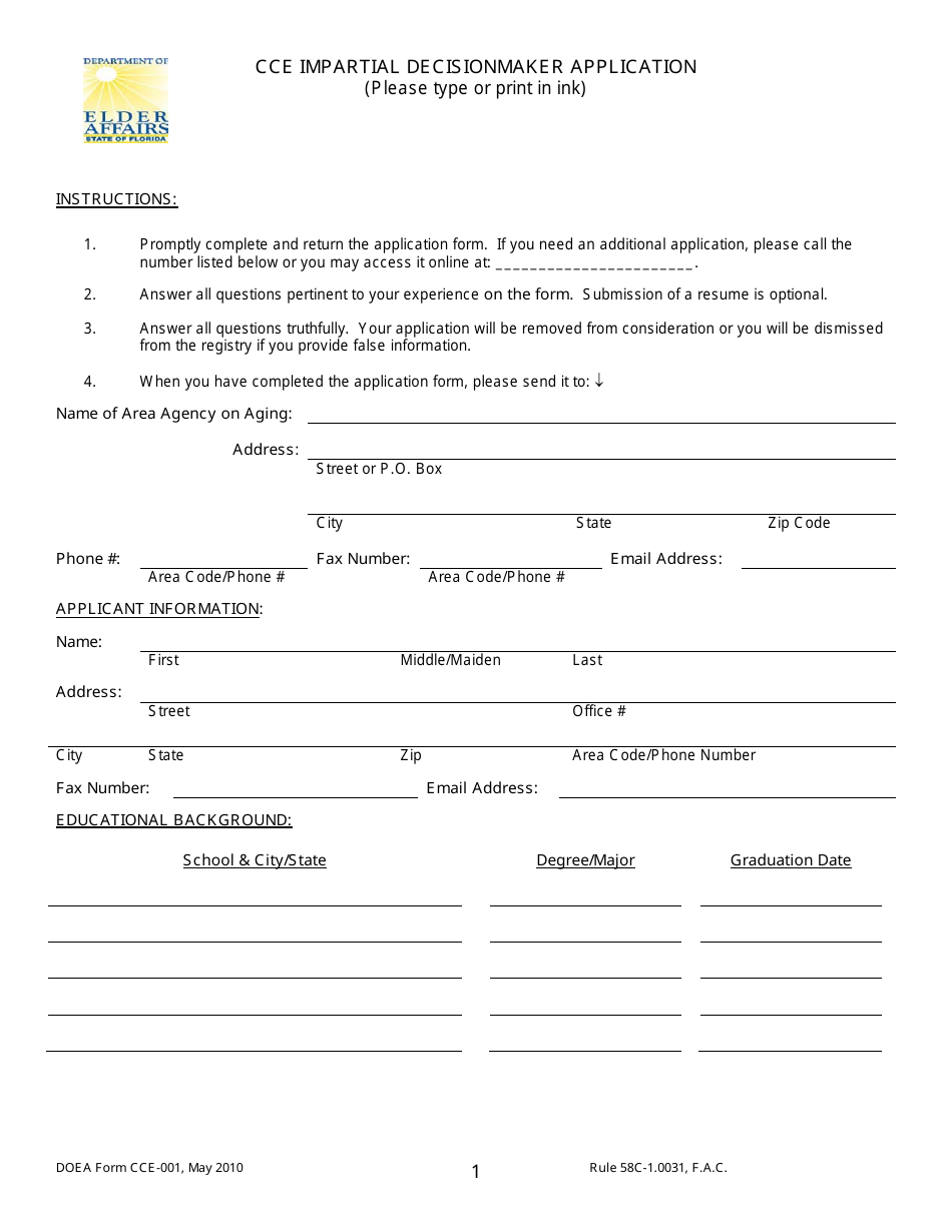Form CCE-001 Cce Impartial Decisionmaker Application - Florida, Page 1