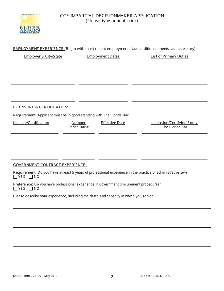 Form CCE-001 Cce Impartial Decisionmaker Application - Florida, Page 2