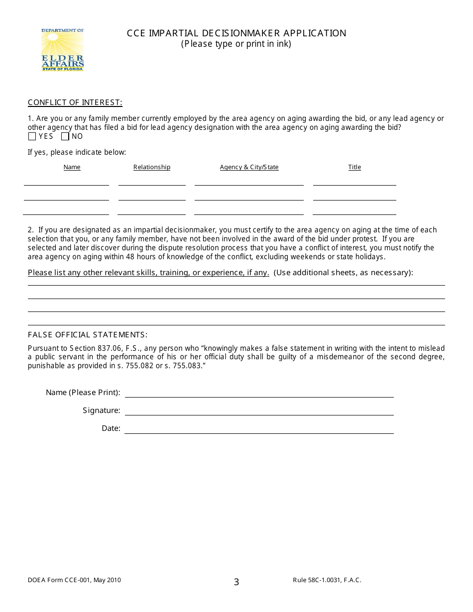 Form CCE-001 Cce Impartial Decisionmaker Application - Florida, Page 3