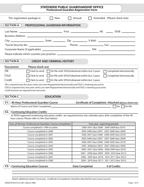 Form 001 Professional Guardian Registration Form - Florida