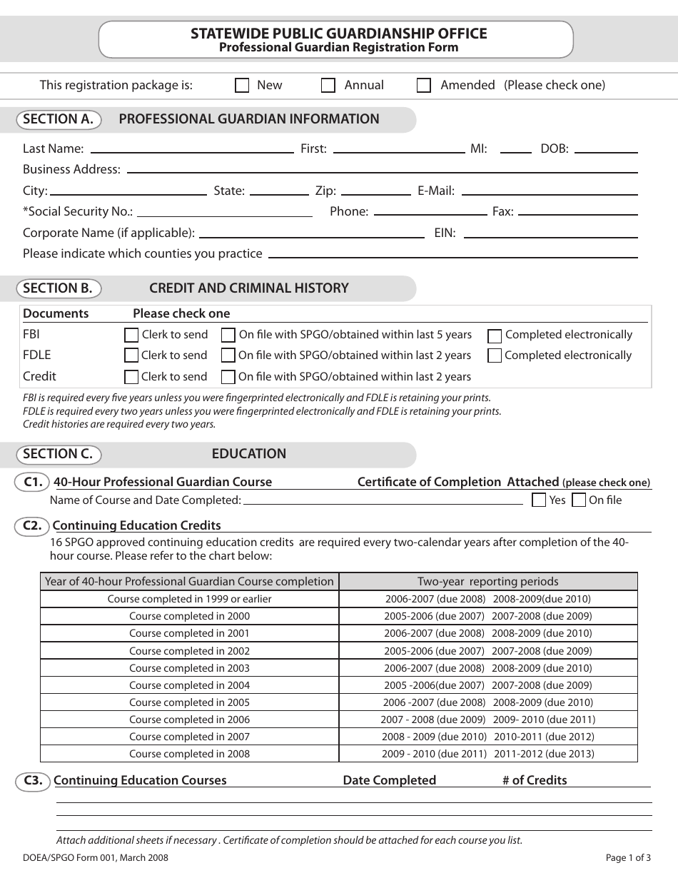 Form 001 Professional Guardian Registration Form - Florida, Page 1