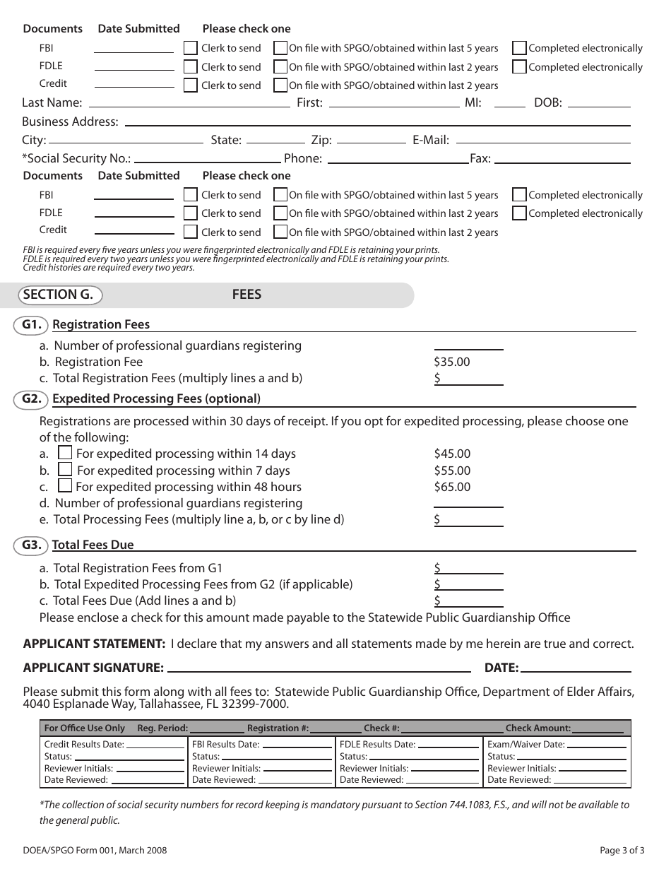 Form 001 Professional Guardian Registration Form - Florida, Page 3