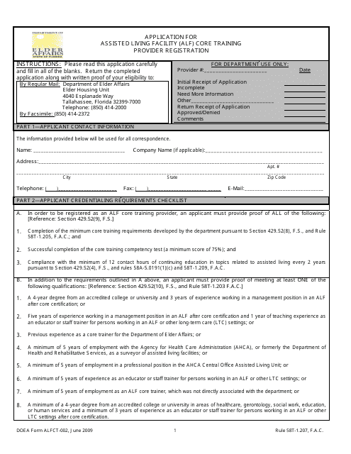 Form ALFCT-002 Application for Assisted Living Facility (Alf) Core Training Provider Registration - Florida