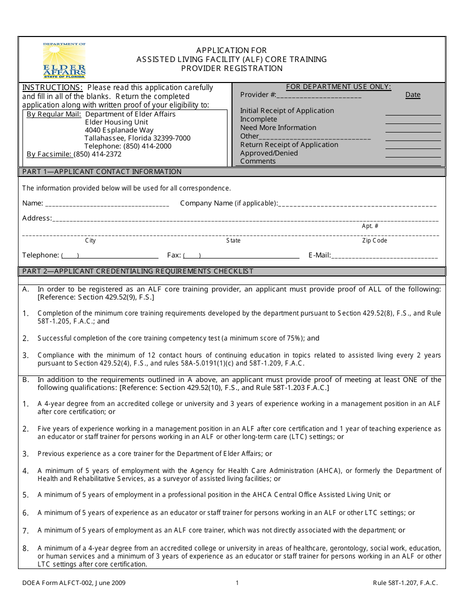 Form ALFCT-002 Application for Assisted Living Facility (Alf) Core Training Provider Registration - Florida, Page 1