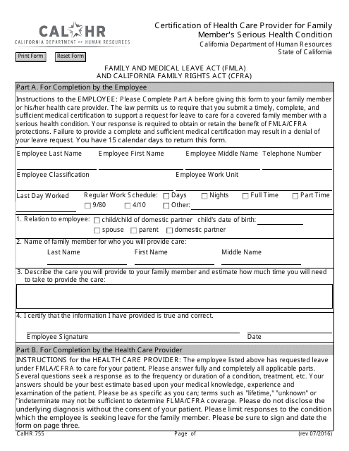 Form CALHR755 Certification of Health Care Provider for Family Member's Serious Health Condition - California