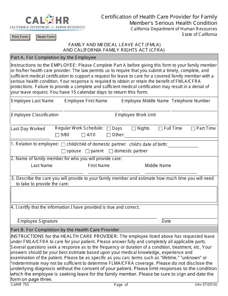 Form CALHR755 Certification of Health Care Provider for Family Members Serious Health Condition - California, Page 1