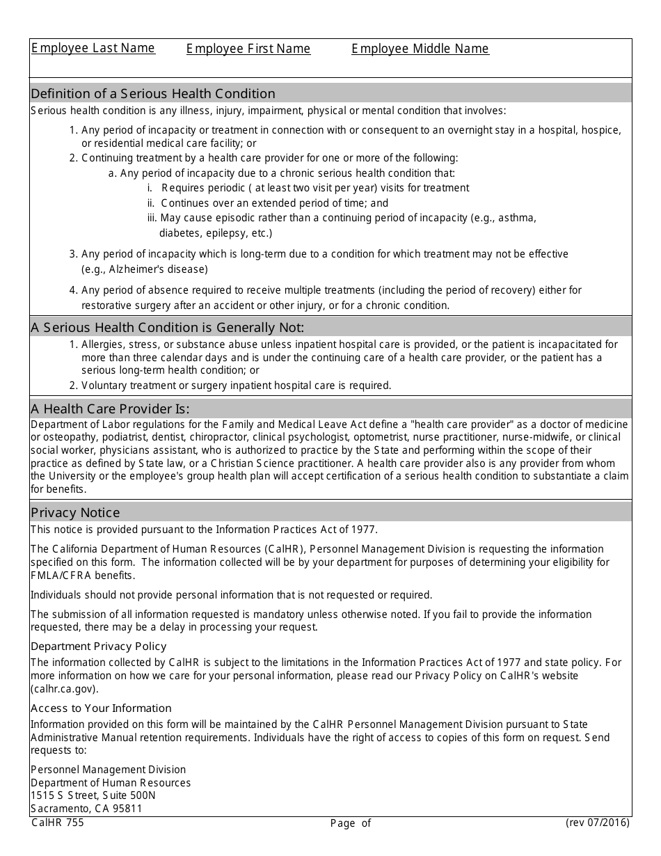 Form CALHR755 Certification of Health Care Provider for Family Members Serious Health Condition - California, Page 4