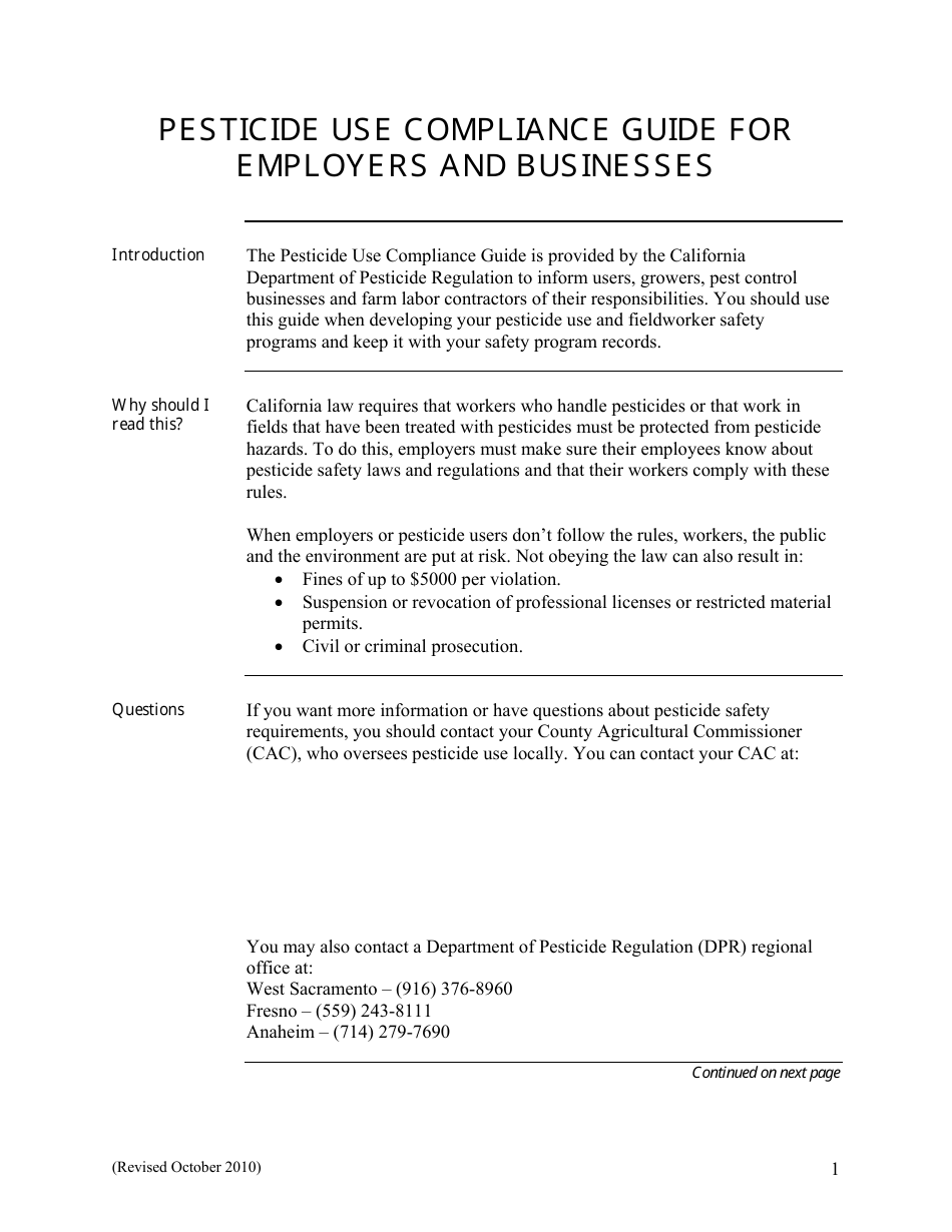 Pesticide Use Compliance Guide for Employers and Businesses - California, Page 1