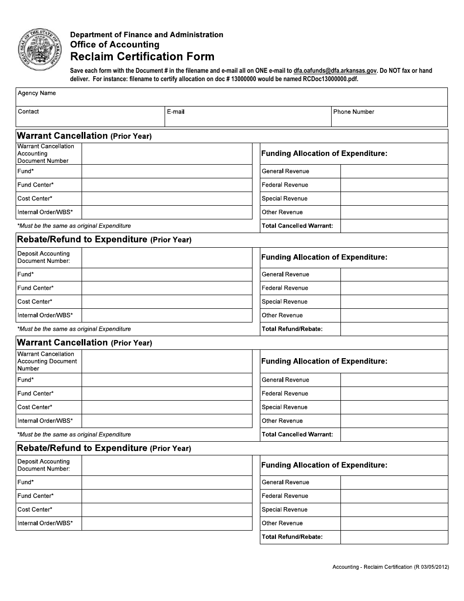 Reclaim Certification Form - Arkansas, Page 1