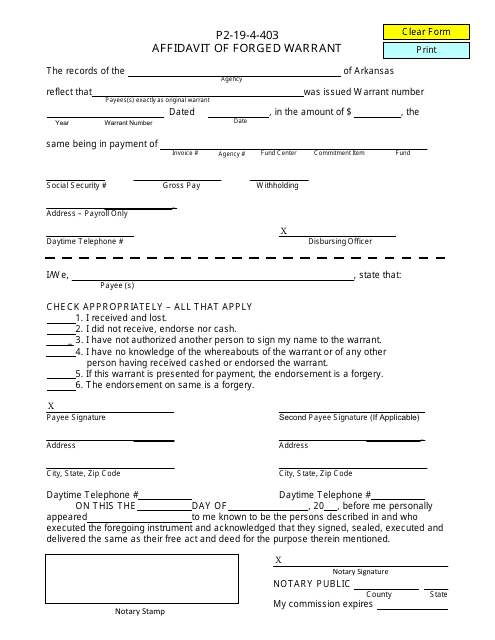 Form P2-19-4-403 Affidavit of Forged Warrant - Arkansas