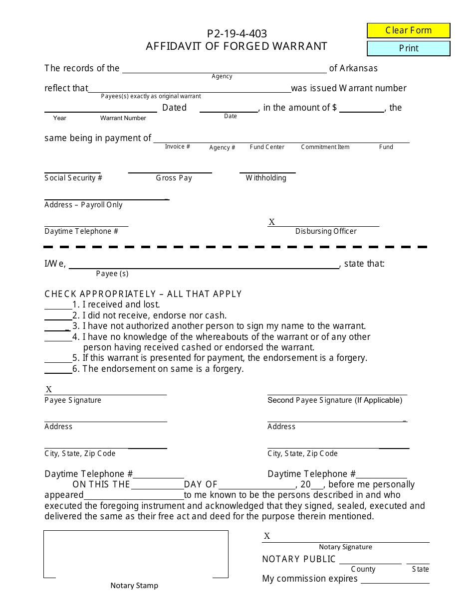 Form P2-19-4-403 Affidavit of Forged Warrant - Arkansas, Page 1