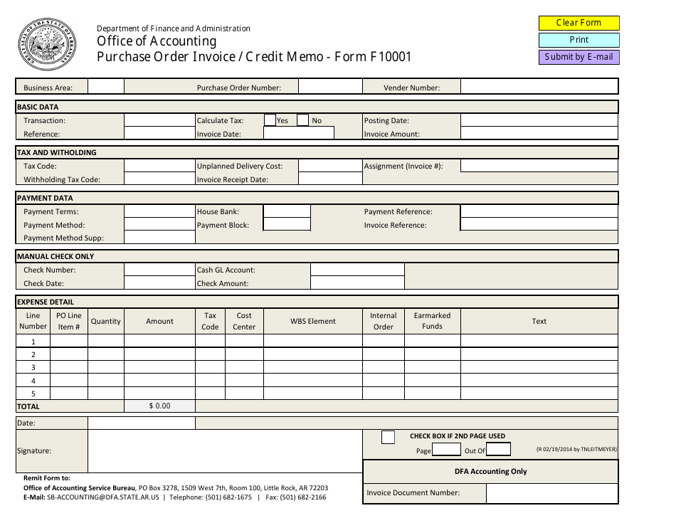 Form F10001 Purchase Order Invoice / Credit Memo - Arkansas, Page 1