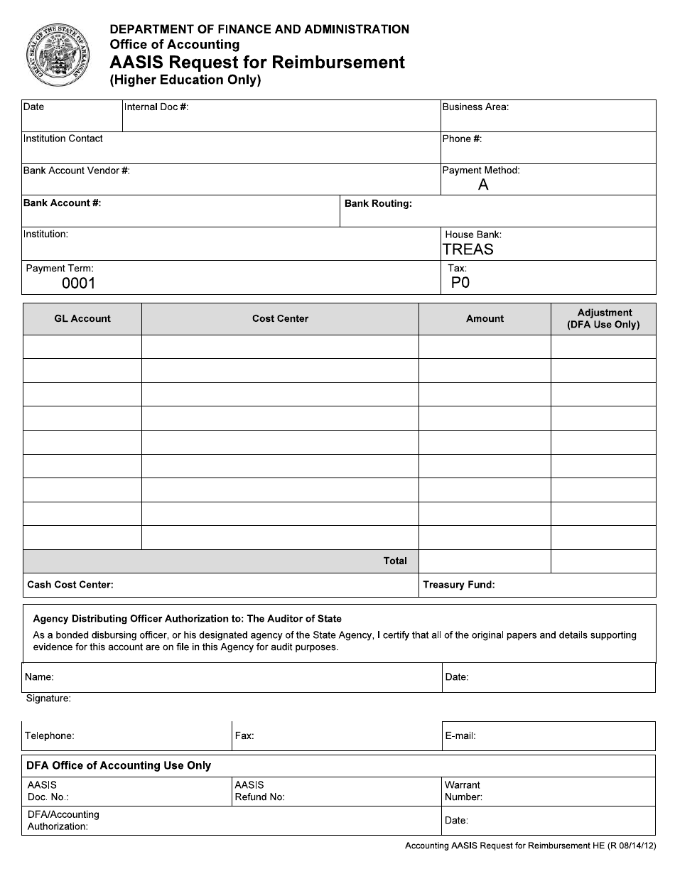 Aasis Request for Reimbursement (Higher Education Only) - Arkansas, Page 1