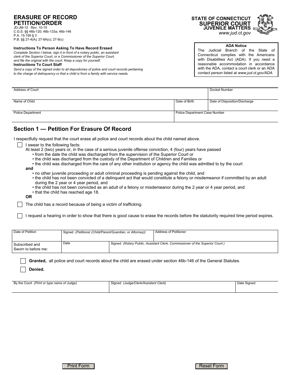 Form JD-JM-12 Erasure of Record / Petition / Order - Connecticut, Page 1