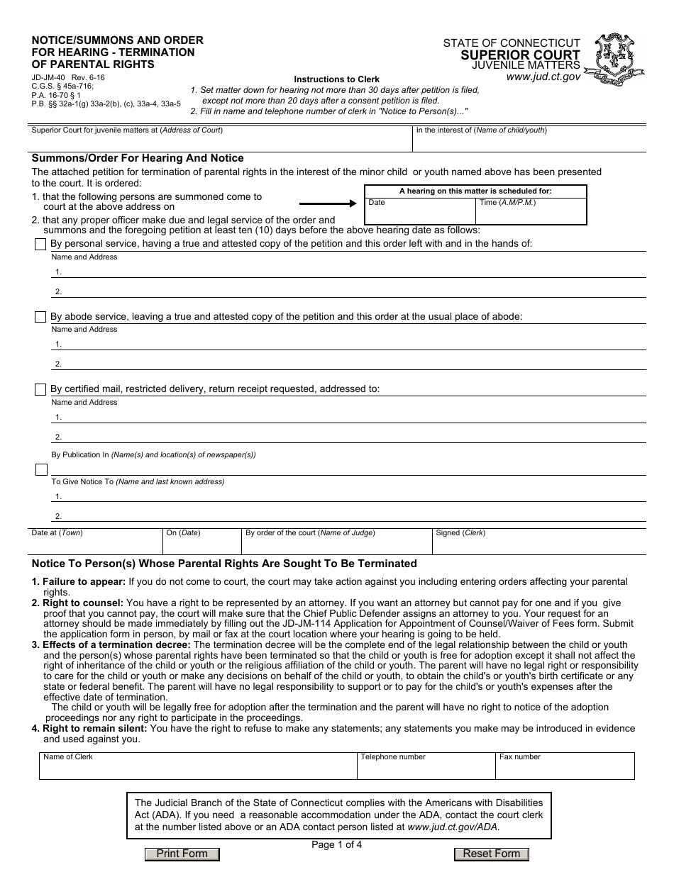 Form JD-JM-40 Notice/Summons and Order for Hearing - Termination of Parental Rights - Connecticut, Page 1