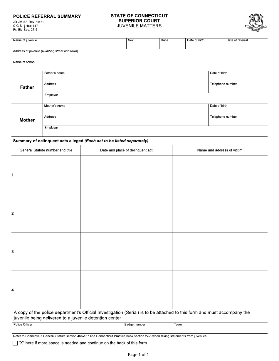 Form JD-JM-57 Police Referral Summary - Connecticut, Page 1