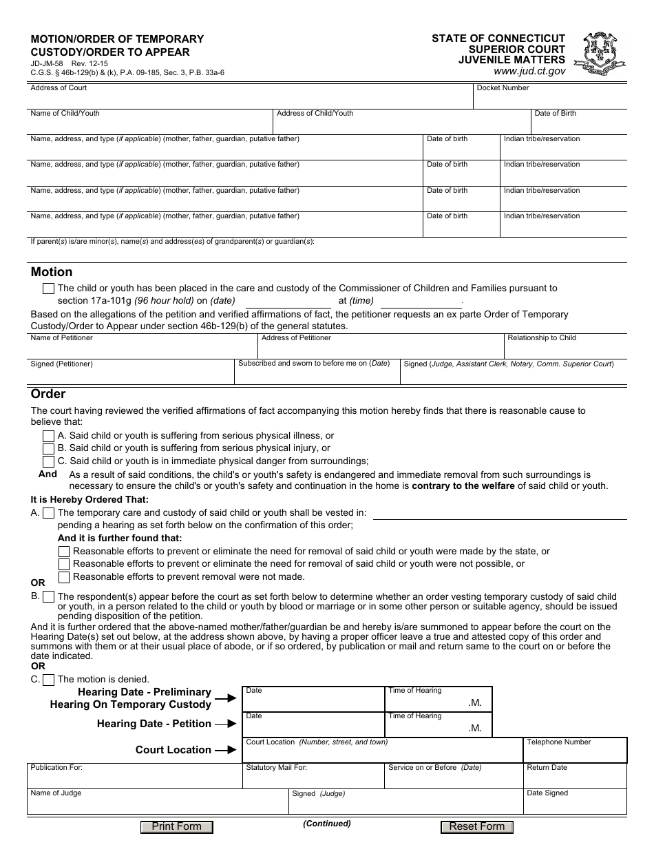 Form JD-JM-58 Motion / Order of Temporary Custody / Order to Appear - Connecticut, Page 1