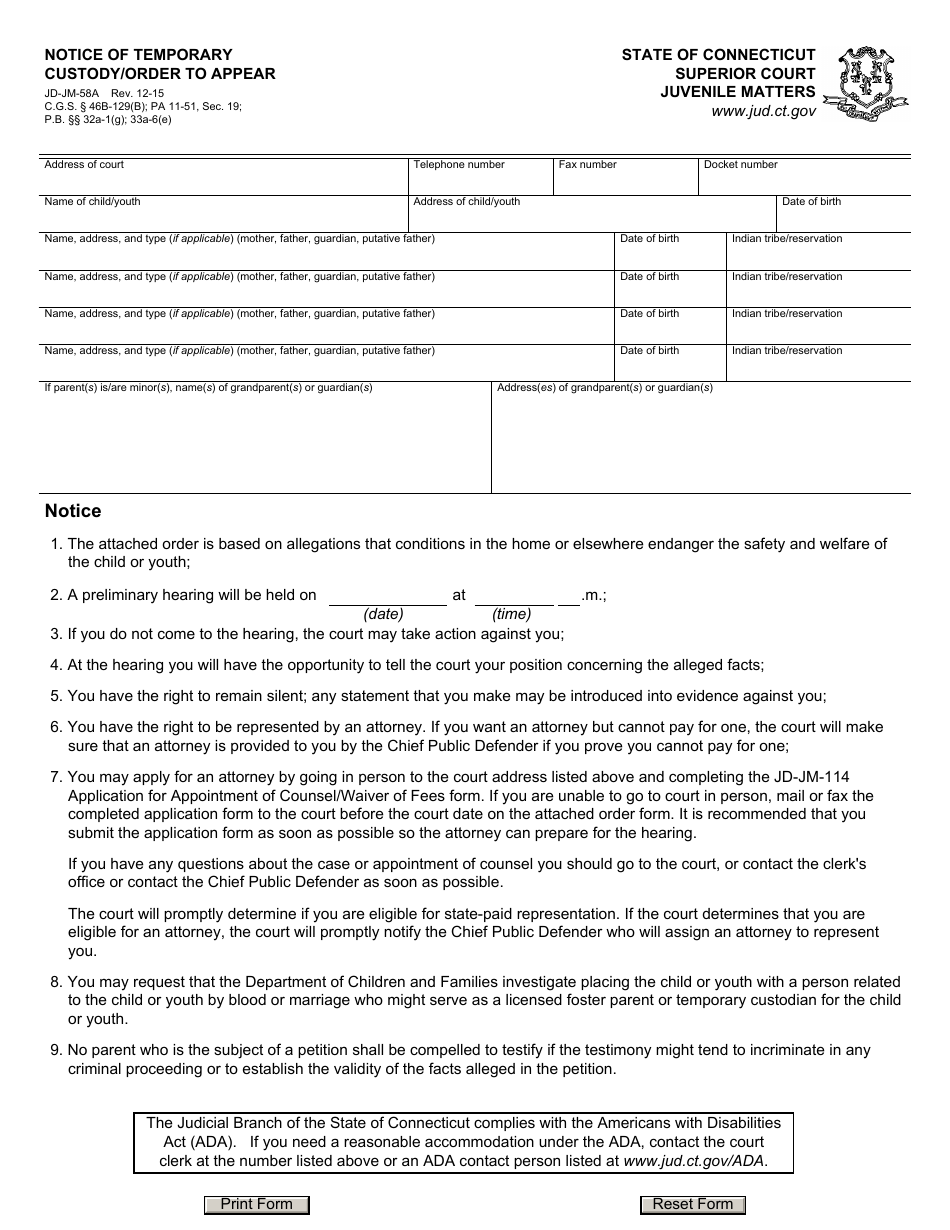 Form JD-JM-58A Notice of Temporary Custody / Order to Apper - Connecticut, Page 1