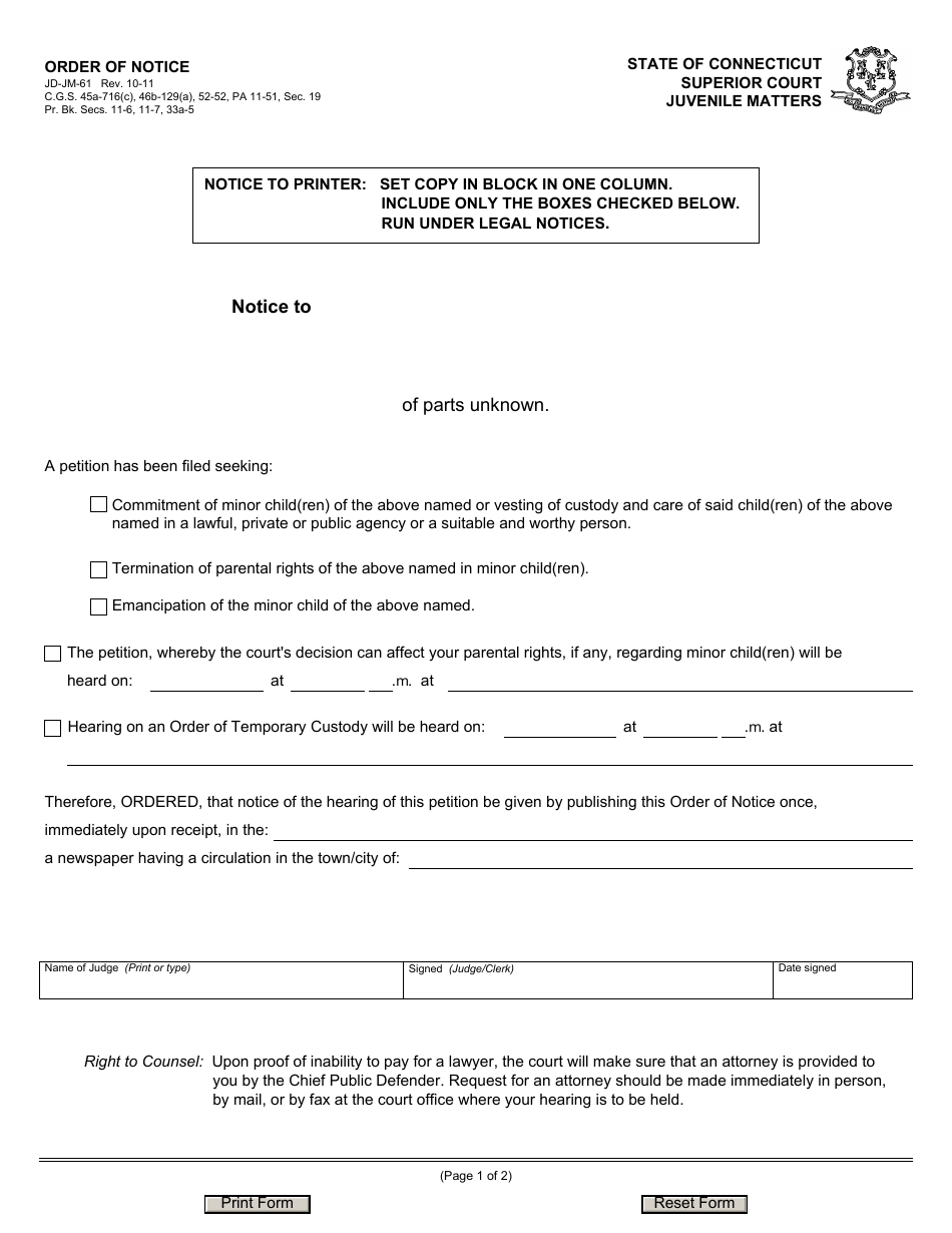 Form JD-JM-61 Order of Notice - Connecticut, Page 1