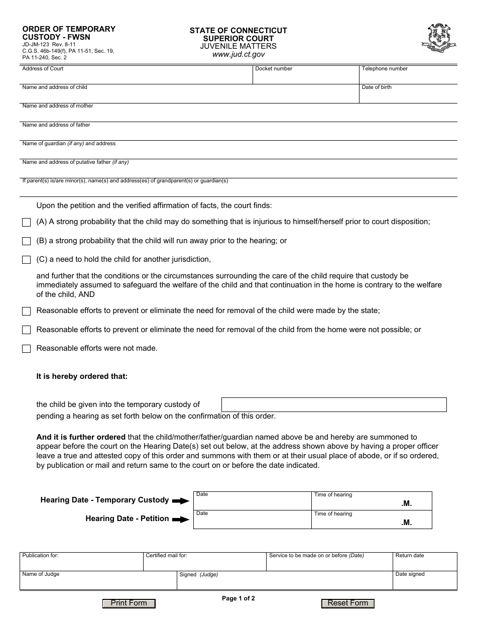 Form JD-JM-123 Order of Temporary Custody  Fwsn - Connecticut, Page 1