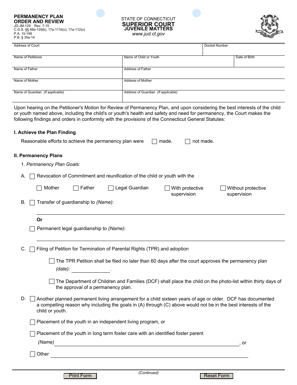 Form JD-JM-129 Permanency Plan Order and Review - Connecticut, Page 1