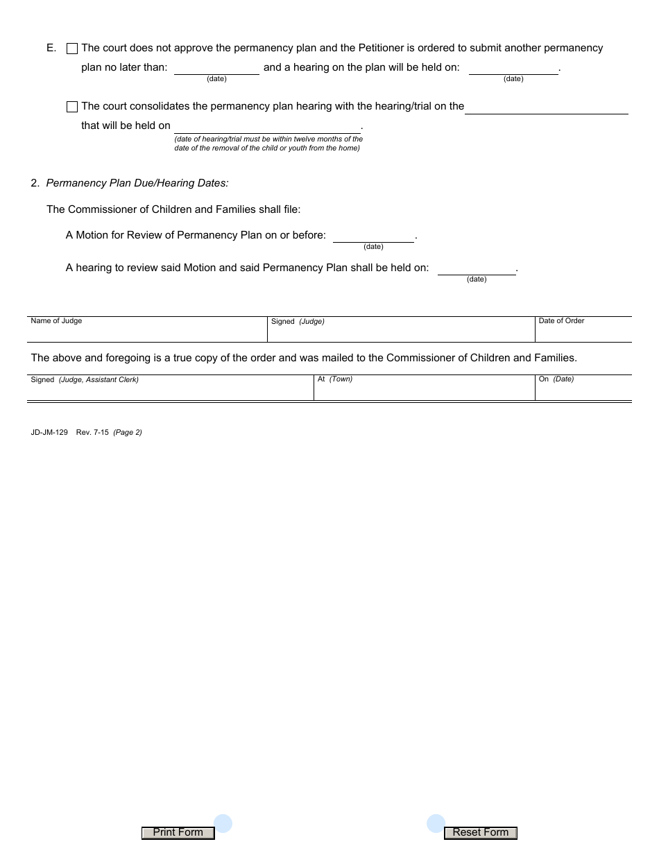 Form JD-JM-129 Permanency Plan Order and Review - Connecticut, Page 2