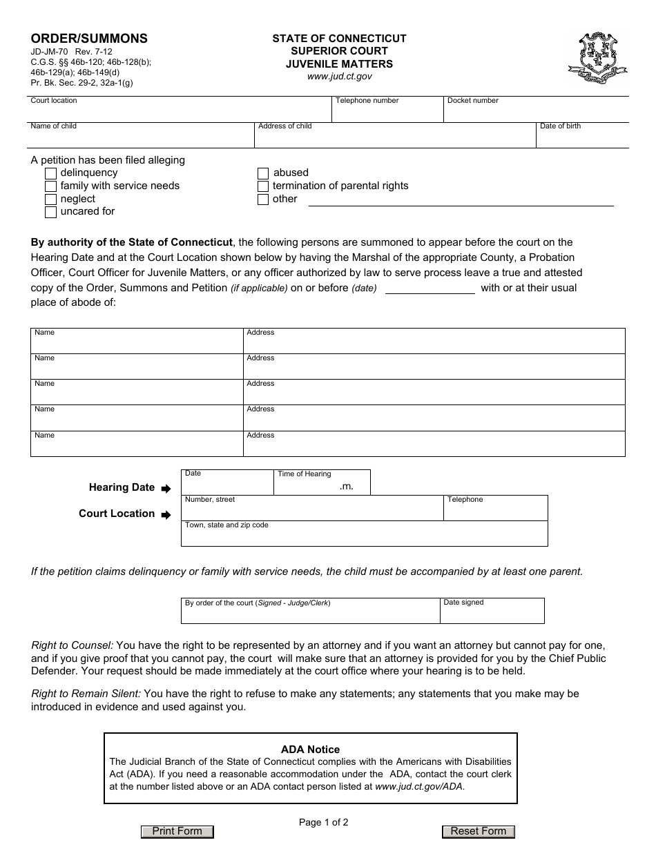 Form JD-JM-70 Order / Summons - Connecticut, Page 1