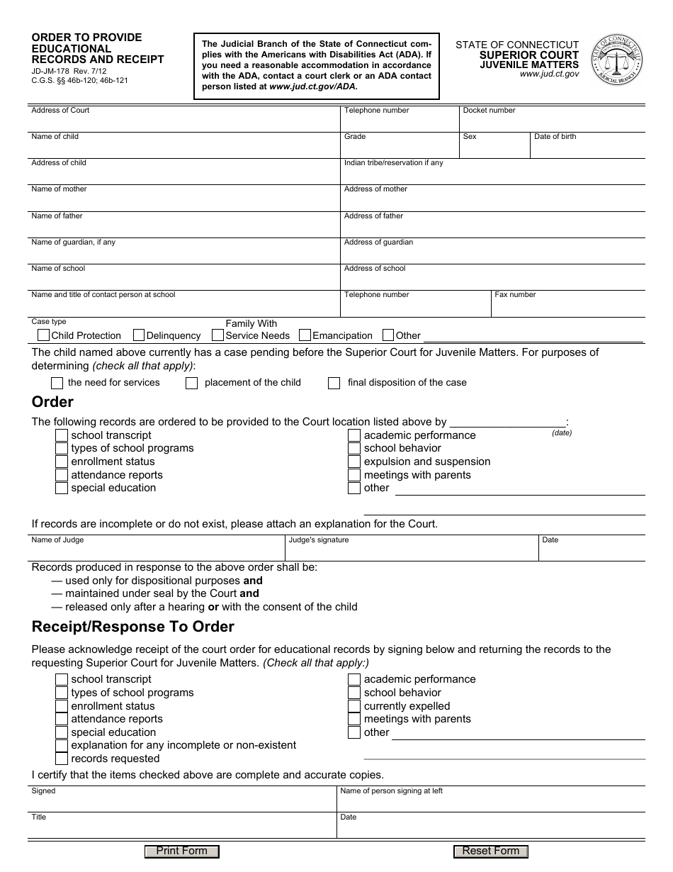 Form JD-JM-178 Order to Provide Educational Records and Receipt - Connecticut, Page 1