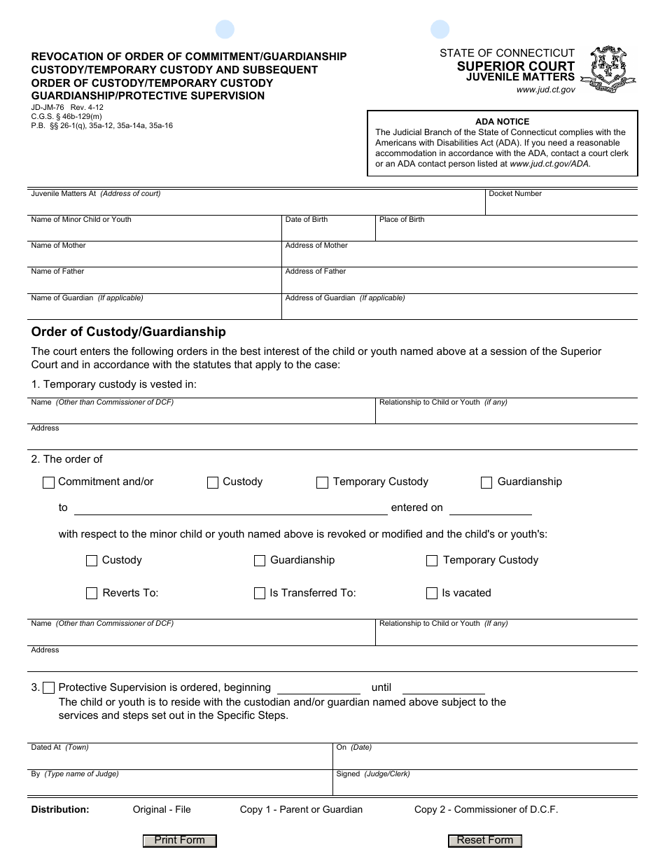 Form JD-JM-76 Revocation of Order of Commitment / Guardianship Custody / Temporary Custody and Subsequent Orderof Custody / Temporary Custody Guardianship / Protective Supervision - Connecticut, Page 1