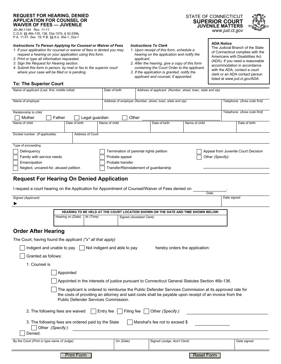 Form JD-JM-114A Request for Hearing, Denied Application for Counsel or Waiver of Fees  Juvenile - Connecticut, Page 1