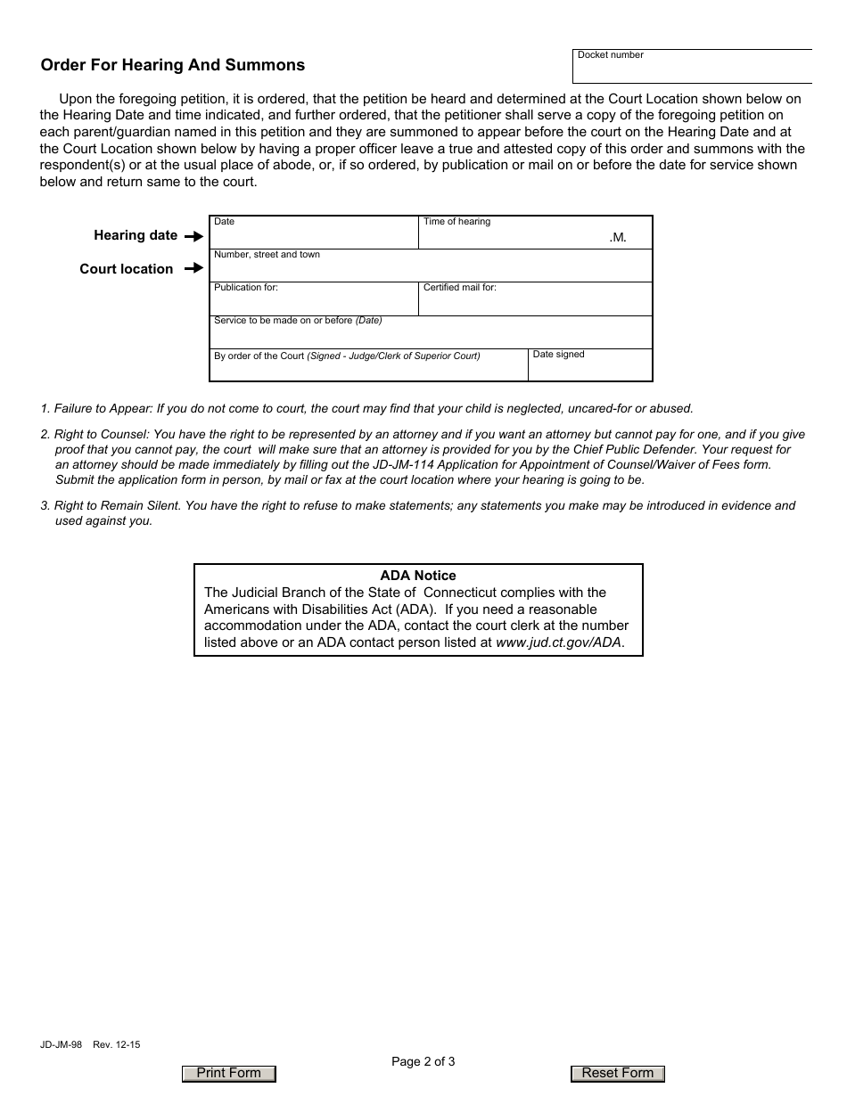 Form JD-JM-98 Petition: Neglected, Uncared-For, Abused Child / Youth - Connecticut, Page 2