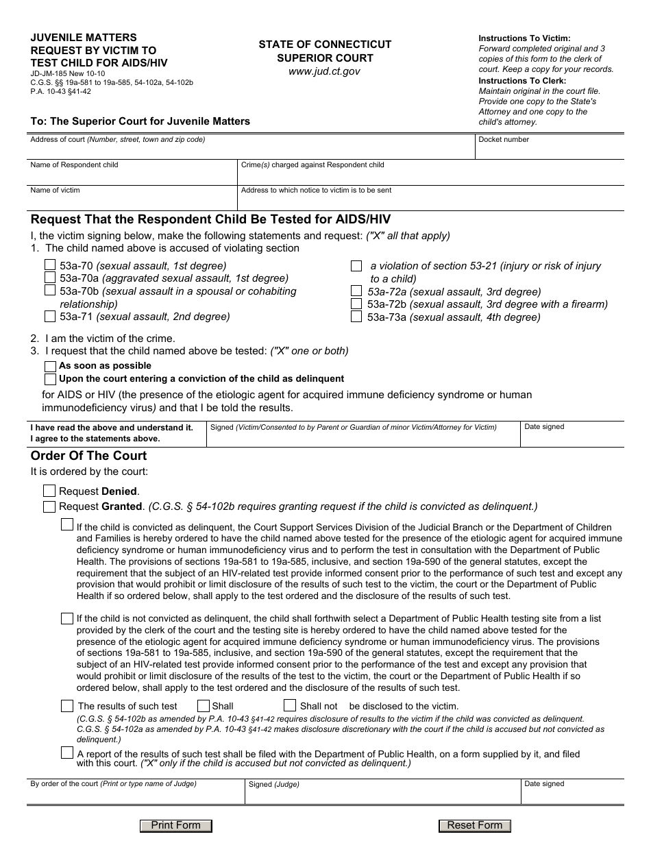 Form JD-JM-185 Request by Victim to Test Child for AIDS / HIV - Juvenile Matters - Connecticut, Page 1