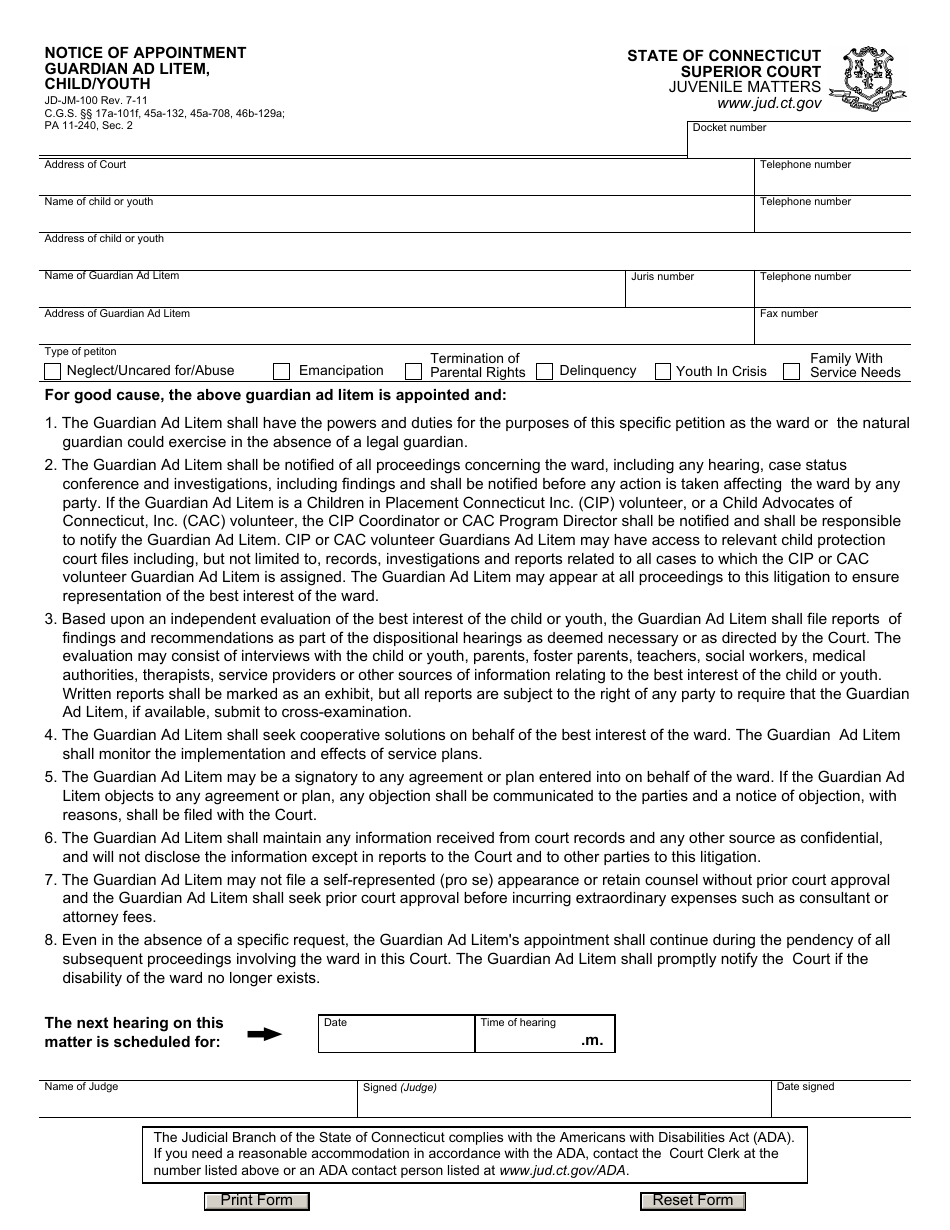 Form JD-JM-100 Notice of Appointment of Guardian Ad Litem, Child / Youth - Connecticut, Page 1
